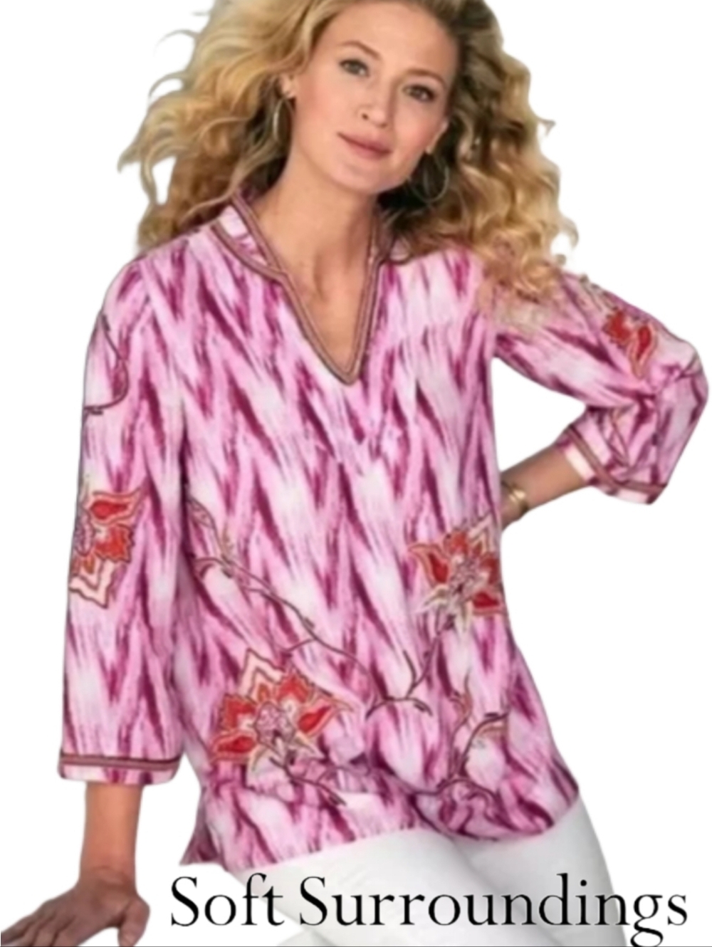 🆕️Soft Surroundings Altea Pink & White Ikat Embroidered Beaded V-Neck Tunic